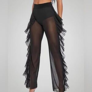 Sheer Ruffle Side Wide-Leg Pants - Black